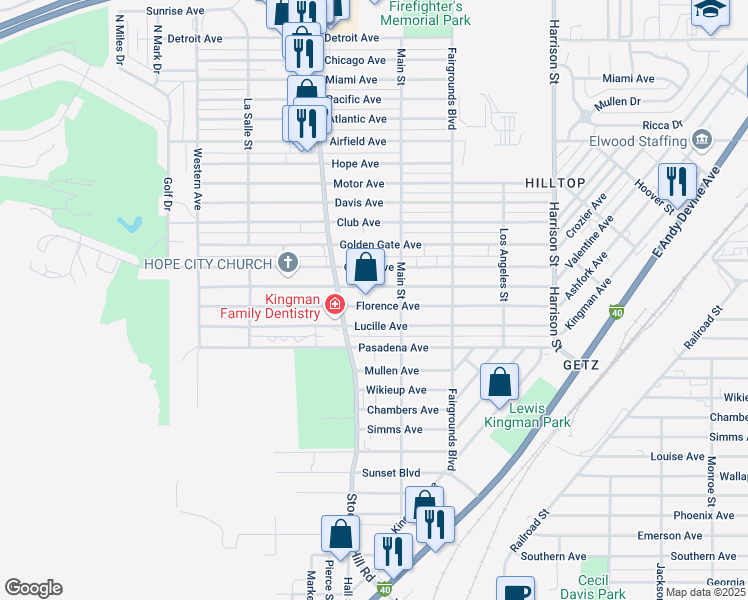 map of restaurants, bars, coffee shops, grocery stores, and more near 1910 Florence Avenue in Kingman