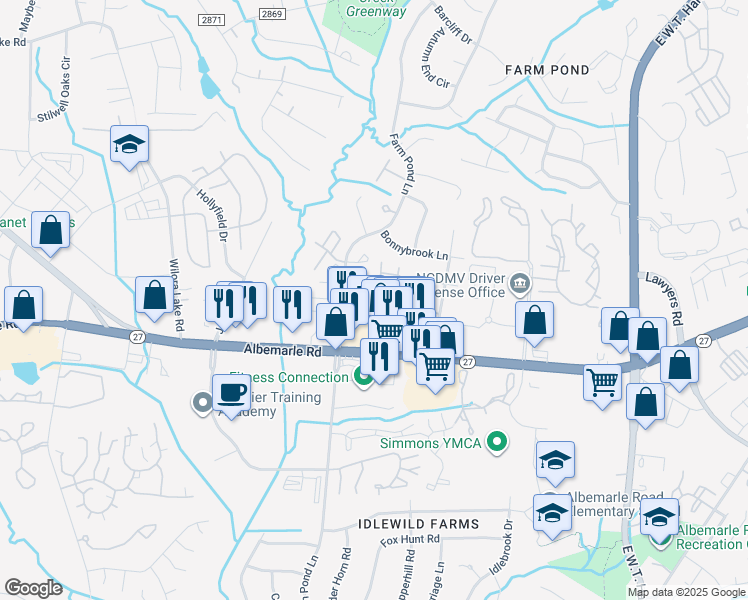 map of restaurants, bars, coffee shops, grocery stores, and more near 6305 Four Seasons Lane in Charlotte