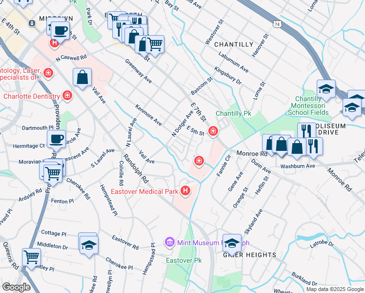 map of restaurants, bars, coffee shops, grocery stores, and more near 2572 Kenmore Avenue in Charlotte