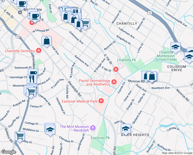 map of restaurants, bars, coffee shops, grocery stores, and more near 2512 Kenmore Avenue in Charlotte