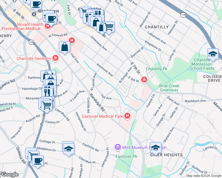 map of restaurants, bars, coffee shops, grocery stores, and more near 225 North Dotger Avenue in Charlotte