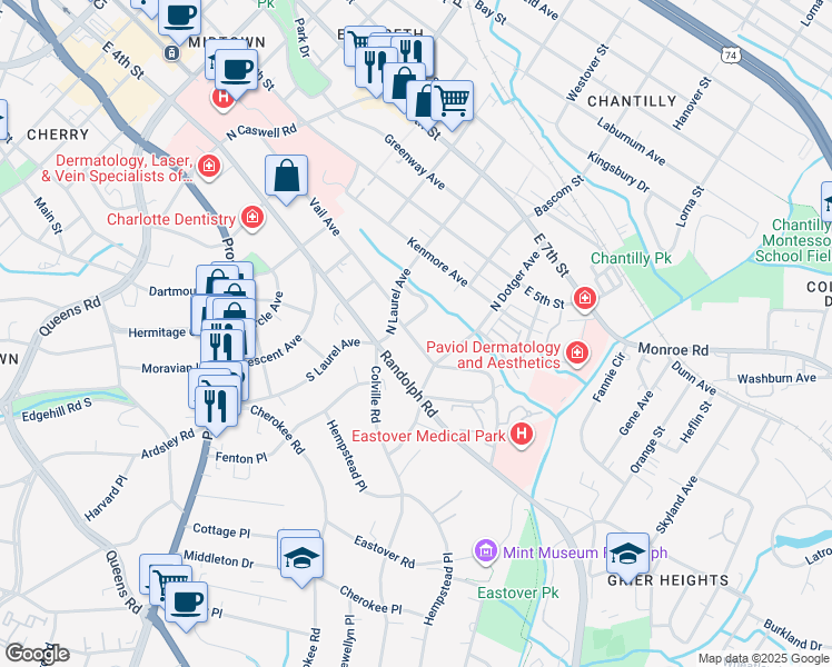 map of restaurants, bars, coffee shops, grocery stores, and more near 2421 Vail Avenue in Charlotte