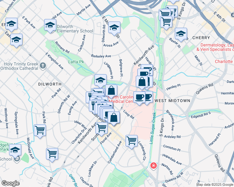 map of restaurants, bars, coffee shops, grocery stores, and more near 1425 Waverly Avenue in Charlotte