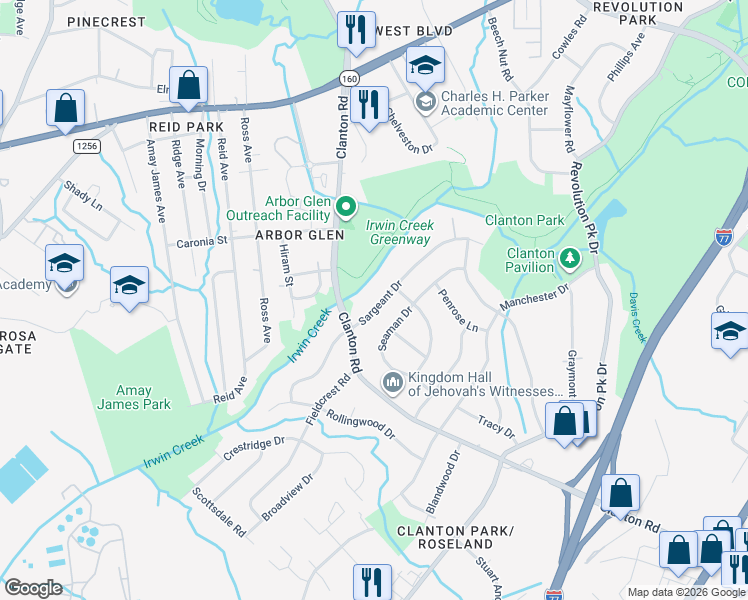 map of restaurants, bars, coffee shops, grocery stores, and more near 3514 Sargeant Drive in Charlotte