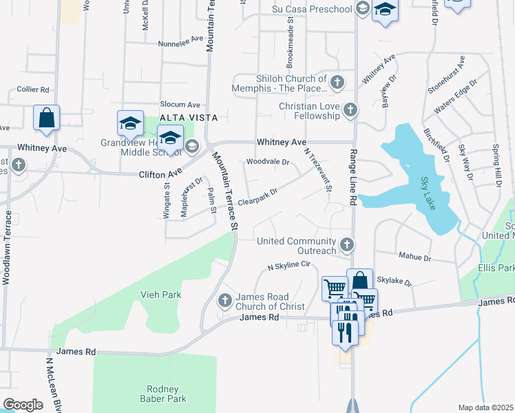 map of restaurants, bars, coffee shops, grocery stores, and more near 2457 Clearpark Drive in Memphis