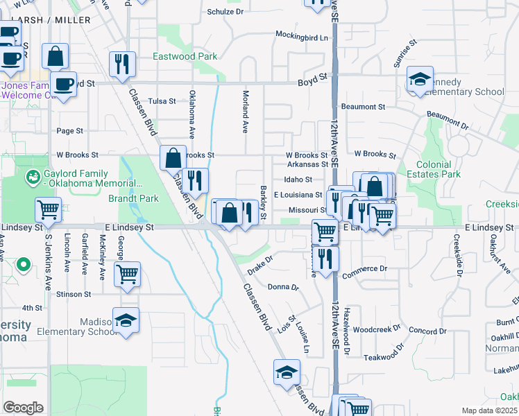 map of restaurants, bars, coffee shops, grocery stores, and more near 2010 Virginia Street in Norman