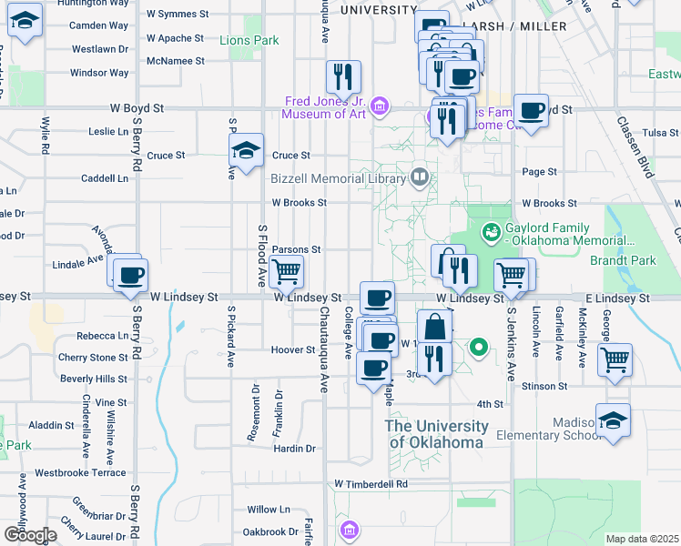 map of restaurants, bars, coffee shops, grocery stores, and more near 813 College Avenue in Norman