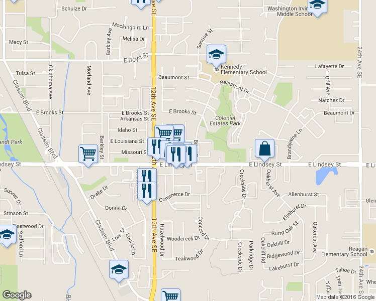 map of restaurants, bars, coffee shops, grocery stores, and more near 1337 East Lindsey Street in Norman