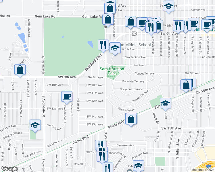 map of restaurants, bars, coffee shops, grocery stores, and more near 1001 South Western Street in Amarillo