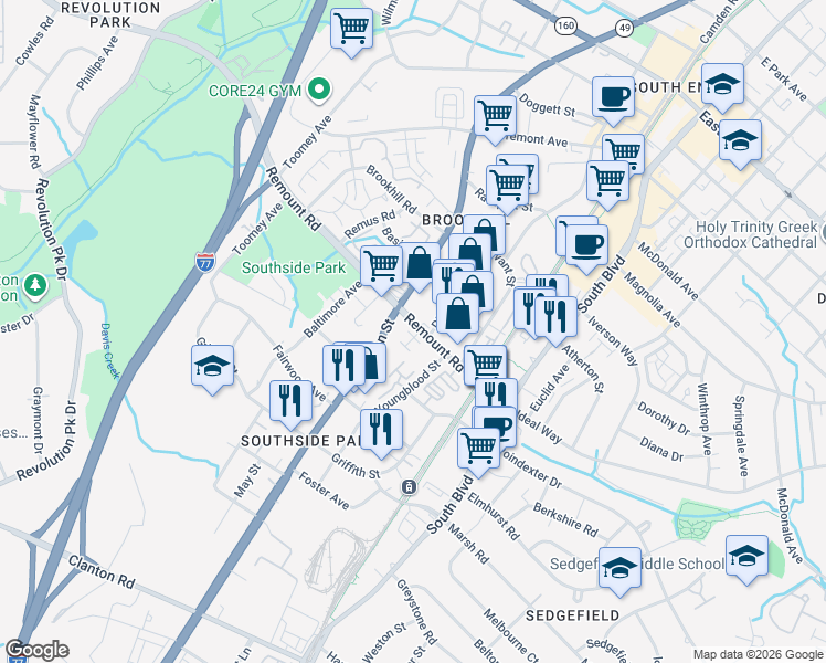 map of restaurants, bars, coffee shops, grocery stores, and more near in Charlotte