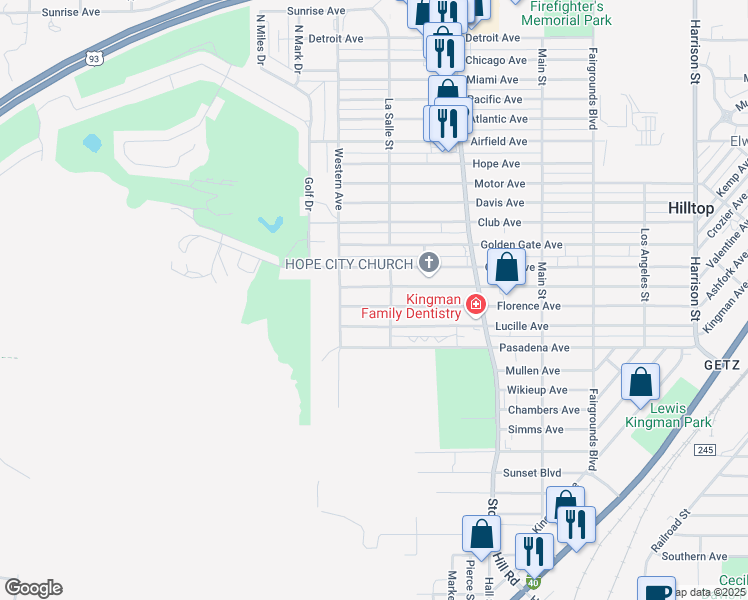 map of restaurants, bars, coffee shops, grocery stores, and more near 1735 Florence Avenue in Kingman