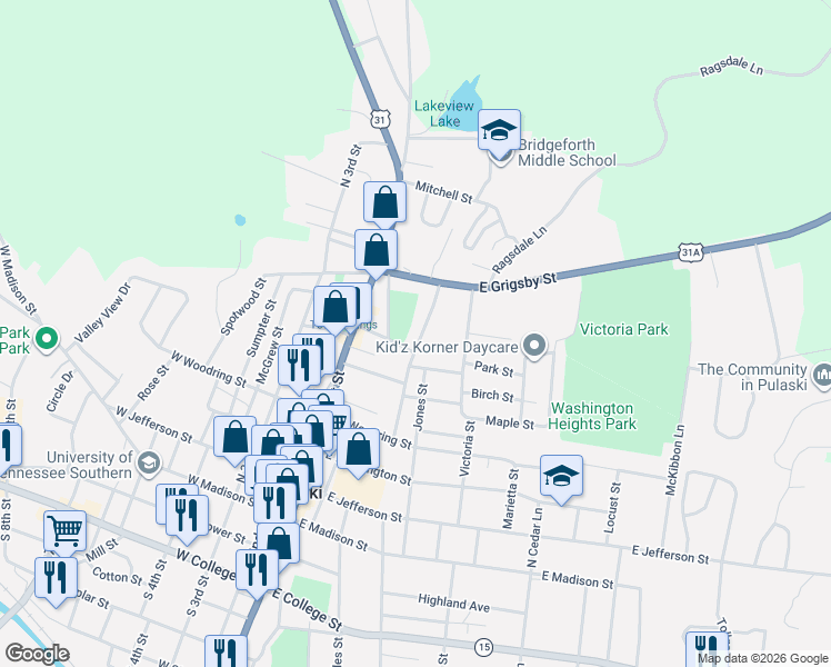map of restaurants, bars, coffee shops, grocery stores, and more near 701 Childers Street in Pulaski