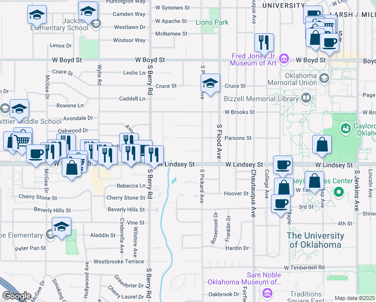 map of restaurants, bars, coffee shops, grocery stores, and more near 1029 Madison Street in Norman