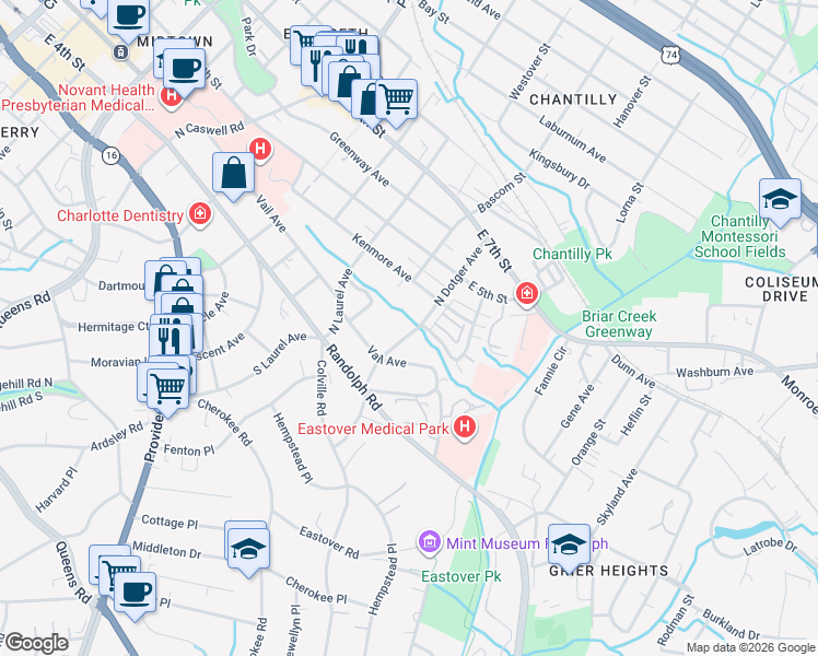 map of restaurants, bars, coffee shops, grocery stores, and more near 231 North Dotger Avenue in Charlotte