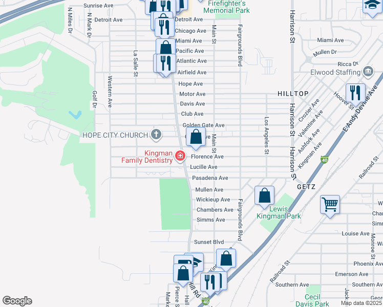 map of restaurants, bars, coffee shops, grocery stores, and more near 1910 Florence Avenue in Kingman