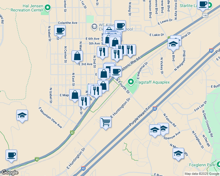 map of restaurants, bars, coffee shops, grocery stores, and more near 2405 West Historic Route 66 in Flagstaff
