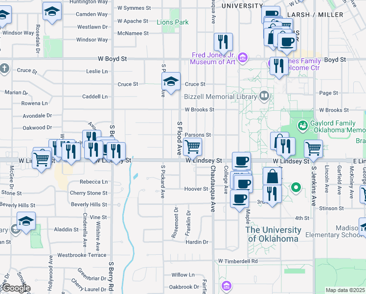 map of restaurants, bars, coffee shops, grocery stores, and more near 914 South Flood Avenue in Norman