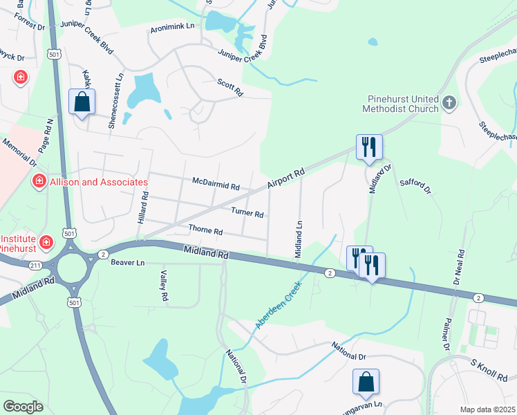 map of restaurants, bars, coffee shops, grocery stores, and more near 126 Turner Road in Pinehurst