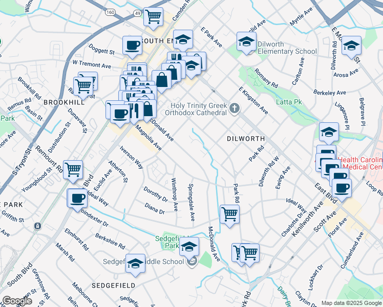 map of restaurants, bars, coffee shops, grocery stores, and more near 509 McDonald Avenue in Charlotte