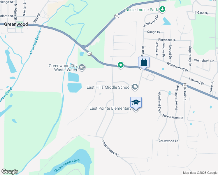 map of restaurants, bars, coffee shops, grocery stores, and more near 1145 Farley Circle in Greenwood