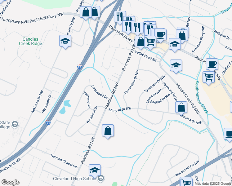 map of restaurants, bars, coffee shops, grocery stores, and more near 3930 Peerless Road Northwest in Cleveland