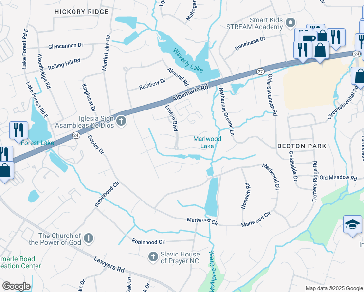 map of restaurants, bars, coffee shops, grocery stores, and more near 8015 Sherington Way in Charlotte