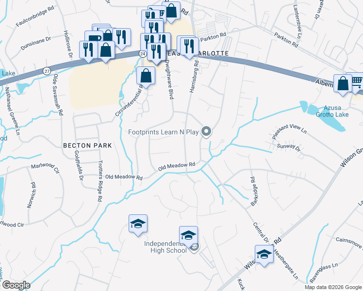 map of restaurants, bars, coffee shops, grocery stores, and more near 6413 Harrisburg Road in Charlotte