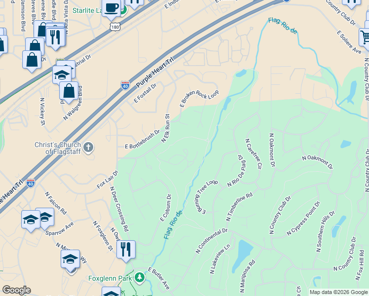 map of restaurants, bars, coffee shops, grocery stores, and more near 2508 North Whispering Pines Way in Flagstaff