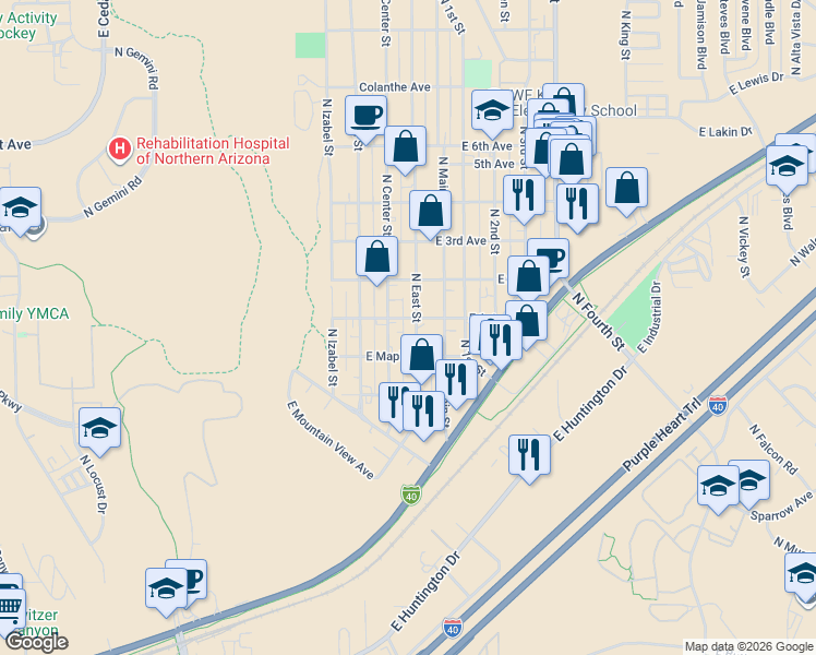 map of restaurants, bars, coffee shops, grocery stores, and more near 1728 North Center Street in Flagstaff