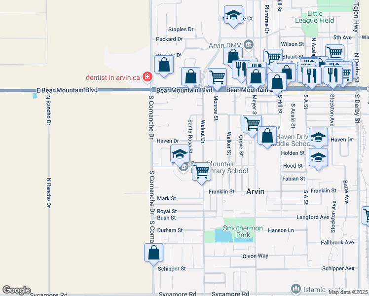 map of restaurants, bars, coffee shops, grocery stores, and more near 1301 Haven Drive in Arvin