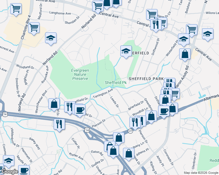 map of restaurants, bars, coffee shops, grocery stores, and more near 1321 Tarrington Avenue in Charlotte