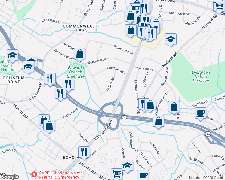 map of restaurants, bars, coffee shops, grocery stores, and more near 1227 Rollins Avenue in Charlotte