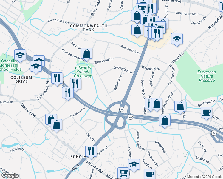 map of restaurants, bars, coffee shops, grocery stores, and more near 1227 Rollins Avenue in Charlotte