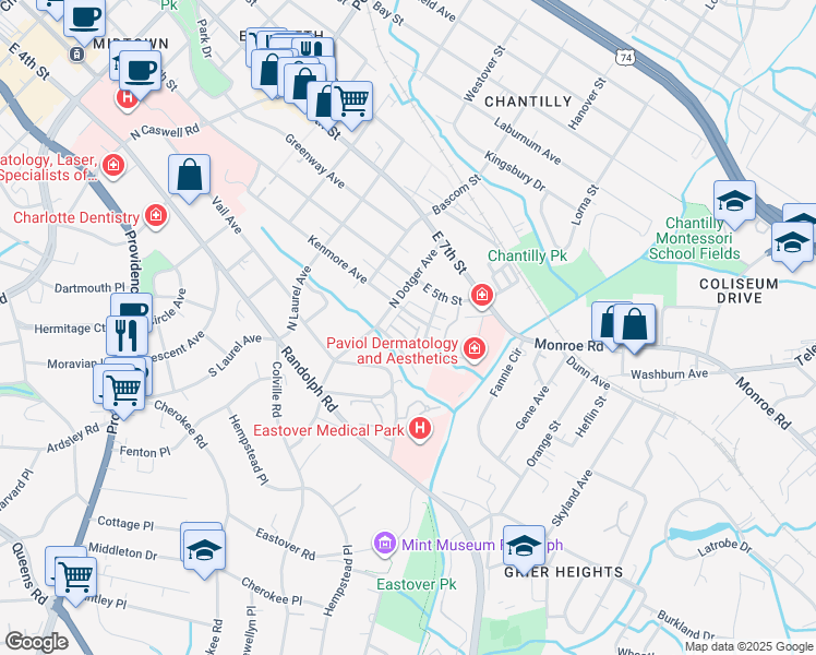 map of restaurants, bars, coffee shops, grocery stores, and more near 2512 Kenmore Avenue in Charlotte