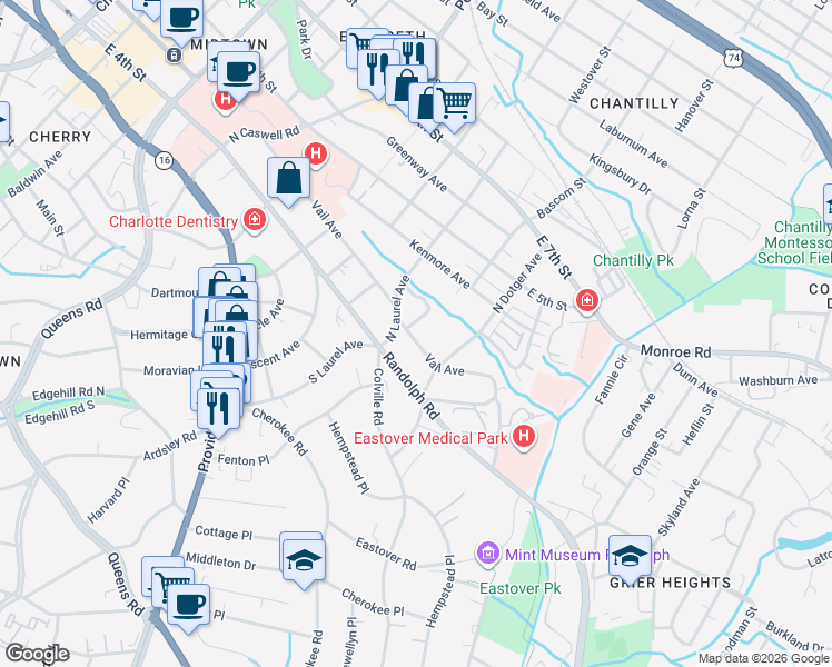 map of restaurants, bars, coffee shops, grocery stores, and more near 2421 Vail Avenue in Charlotte