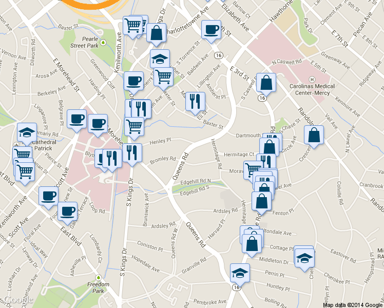 map of restaurants, bars, coffee shops, grocery stores, and more near 801 Queens Road in Charlotte