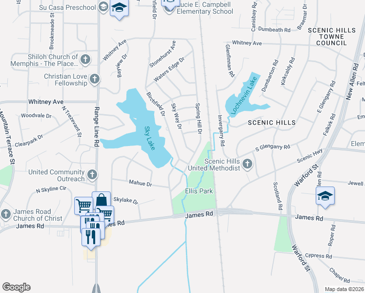 map of restaurants, bars, coffee shops, grocery stores, and more near 2894 Birchfield Drive in Memphis