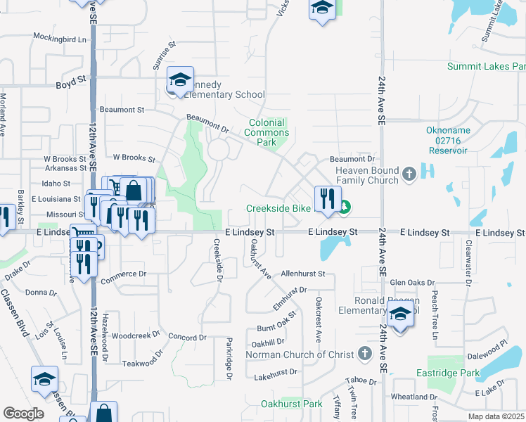 map of restaurants, bars, coffee shops, grocery stores, and more near 1104-UNIT Brandywine Lane in Norman