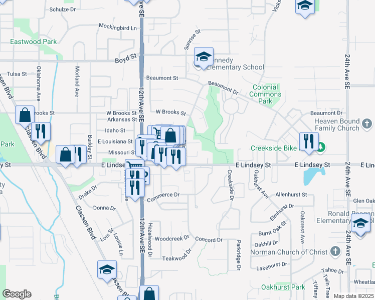 map of restaurants, bars, coffee shops, grocery stores, and more near 1141 Biloxi Drive in Norman