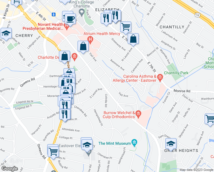 map of restaurants, bars, coffee shops, grocery stores, and more near 2333 Randolph Road in Charlotte