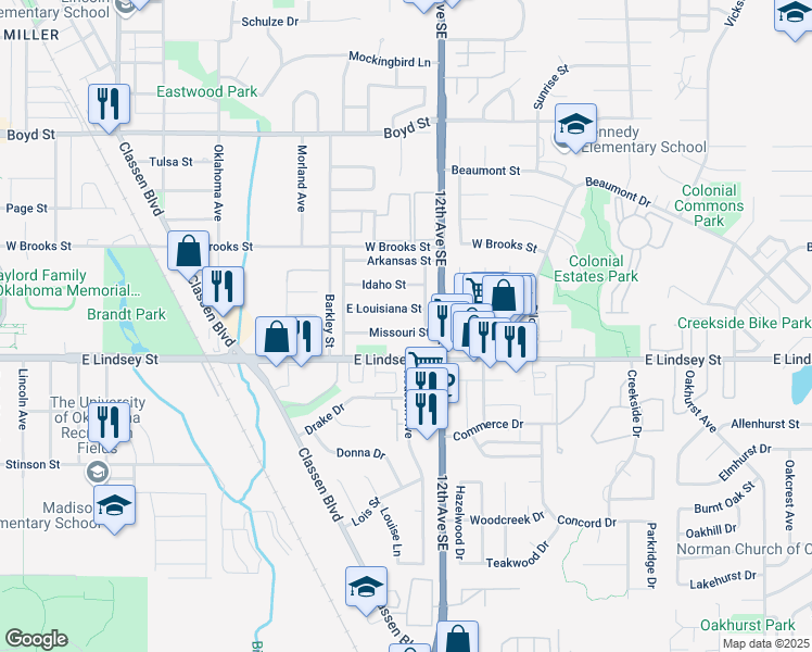 map of restaurants, bars, coffee shops, grocery stores, and more near 1113 Missouri Street in Norman