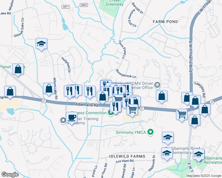 map of restaurants, bars, coffee shops, grocery stores, and more near 6305 Four Seasons Lane in Charlotte