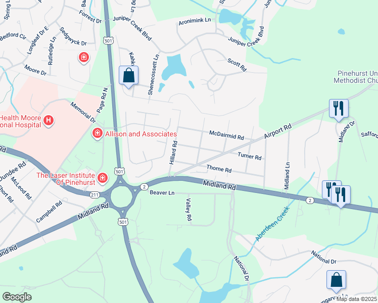 map of restaurants, bars, coffee shops, grocery stores, and more near 291 Turner Road in Pinehurst
