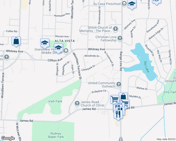 map of restaurants, bars, coffee shops, grocery stores, and more near 2457 Clearpark Drive in Memphis