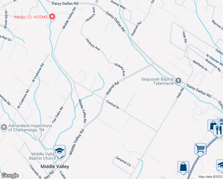 map of restaurants, bars, coffee shops, grocery stores, and more near 8616 Walnut Road in Middle Valley