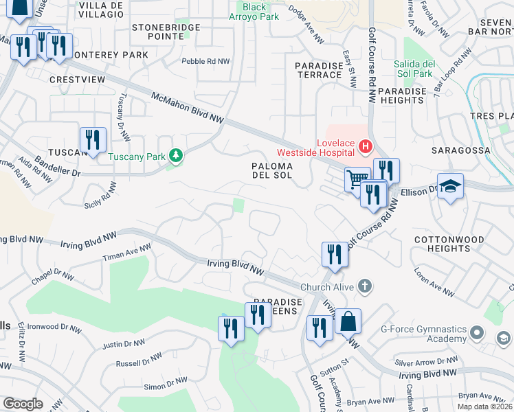 map of restaurants, bars, coffee shops, grocery stores, and more near 4801 Irving Boulevard Northwest in Albuquerque