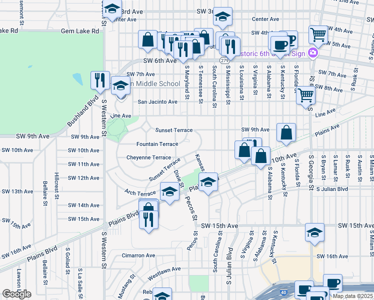 map of restaurants, bars, coffee shops, grocery stores, and more near 705 Sunset Terrace in Amarillo