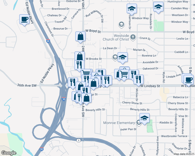 map of restaurants, bars, coffee shops, grocery stores, and more near 2170 West Brooks Street in Norman