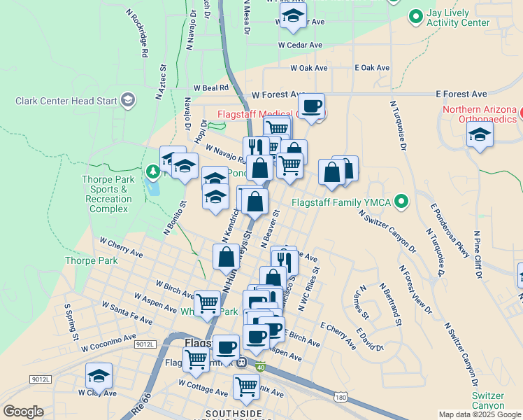 map of restaurants, bars, coffee shops, grocery stores, and more near 708 North Humphreys Street in Flagstaff