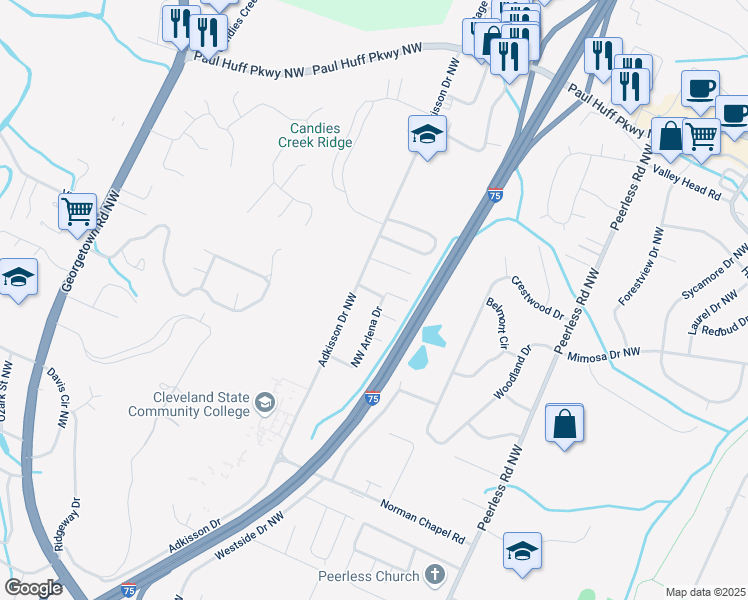 map of restaurants, bars, coffee shops, grocery stores, and more near 3595 Northwest Arlena Drive in Cleveland